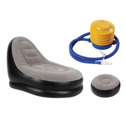 Duży Dmuchany Fotel Welurowy z Podnóżkiem Beżowo-Czarny 116x88