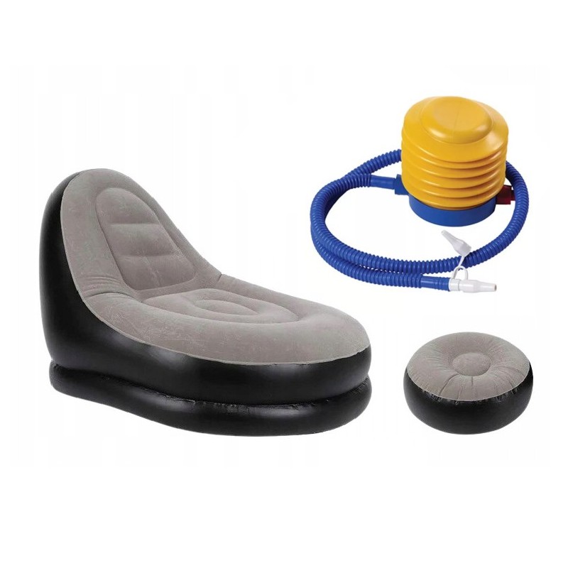 Duży Dmuchany Fotel Welurowy z Podnóżkiem Beżowo-Czarny 116x88