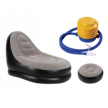 Duży Dmuchany Fotel Welurowy z Podnóżkiem Beżowo-Czarny 116x88