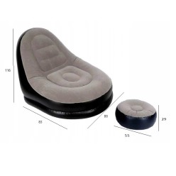 Duży Dmuchany Fotel Welurowy z Podnóżkiem Beżowo-Czarny 116x88