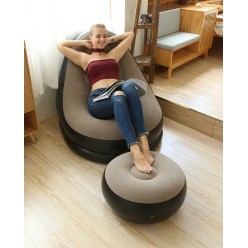 Duży Dmuchany Fotel Welurowy z Podnóżkiem Beżowo-Czarny 116x88