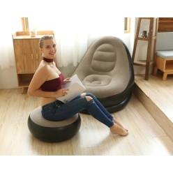 Duży Dmuchany Fotel Welurowy z Podnóżkiem Beżowo-Czarny 116x88