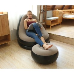 Duży Dmuchany Fotel Welurowy z Podnóżkiem Beżowo-Czarny 116x88