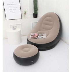 Duży Dmuchany Fotel Welurowy z Podnóżkiem Beżowo-Czarny 116x88