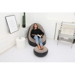 Duży Dmuchany Fotel Welurowy z Podnóżkiem Beżowo-Czarny 116x88