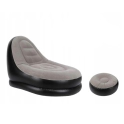 Duży Dmuchany Fotel Welurowy z Podnóżkiem Beżowo-Czarny 116x88