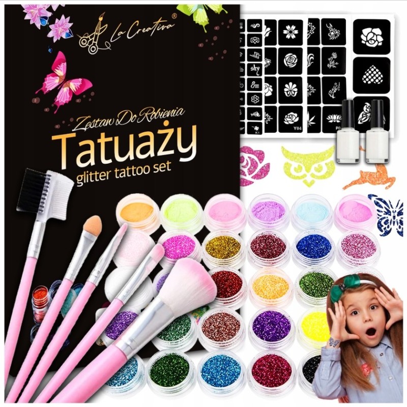 Zestaw Tatuaży Na Karnawał z Szablonami i Brokatami - XL Prezent Dla Dzieci