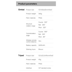 3-Osiowy Gimbal z Bezprzewodowym Pilotem Tokqi M02 Android iOS