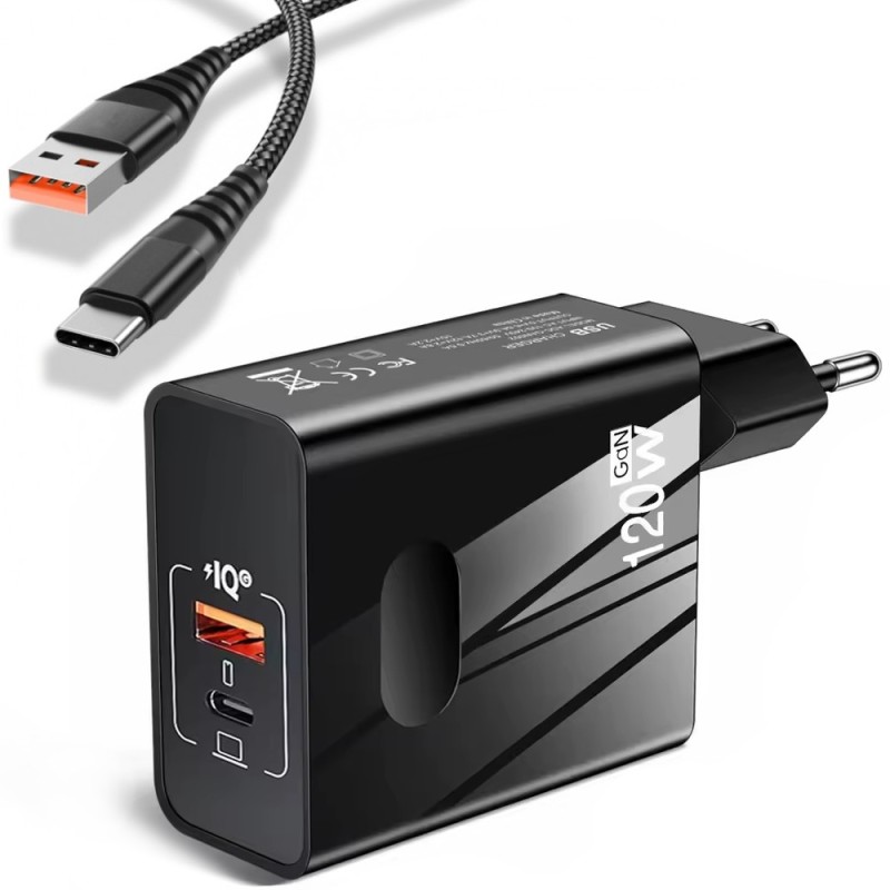 Zestaw Czarna Ładowarka do Telefonów Xiaomi 120W USB-C USB 3,25A z Przewodem