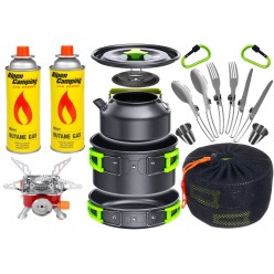 Zestaw Naczyń Turystycznych Garnek Patelnia Czajnik Kubki Sztućce Kuchenka Gazowa Kartusze