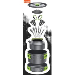 Zestaw Naczyń Turystycznych Garnek Patelnia Czajnik Kubki Sztućce Kuchenka Gazowa Kartusze