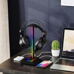 Stojak Uchwyt Na Słuchawki Podświetlany RGB z Ładowarką i USB