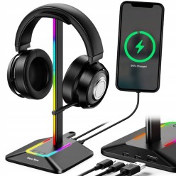 Stojak Uchwyt Na Słuchawki Podświetlany RGB z Ładowarką i USB