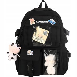 Szkolny Plecak z Maskotkami i Przypinkami Młodzieżowy Czarny