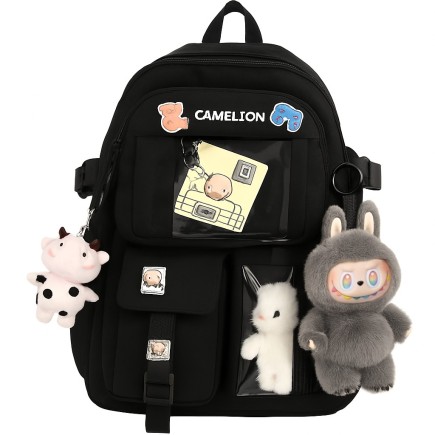 Szkolny Plecak z Maskotkami i Przypinkami Młodzieżowy Czarny