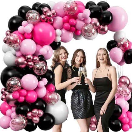 Duży Zestaw Balonów na Urodziny Czarne Różowe Fiolet 133 elementów