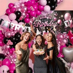 Duży Zestaw Balonów na Urodziny Czarne Różowe Fiolet 133 elementów