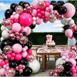 Duży Zestaw Balonów na Urodziny Czarne Różowe Fiolet 133 elementów