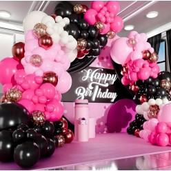 Duży Zestaw Balonów na Urodziny Czarne Różowe Fiolet 133 elementów