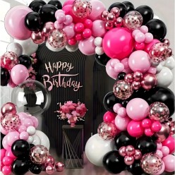 Duży Zestaw Balonów na Urodziny Czarne Różowe Fiolet 133 elementów