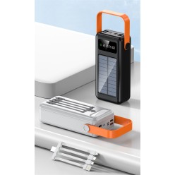 Powerbank Solarny z Przewodami i Latarką, microUSB, USB-C, Lightning, USB 50000 mAh