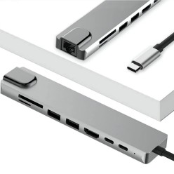 Hub USB-C 8w1 z portami HDMI 4K, USB 3.0, SD/microSD i RJ45