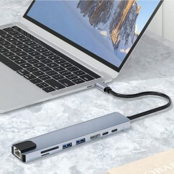 Hub USB-C 8w1 z portami HDMI 4K, USB 3.0, SD/microSD i RJ45