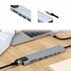 Hub USB-C 8w1 z portami HDMI 4K, USB 3.0, SD/microSD i RJ45