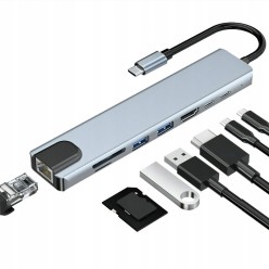Hub USB-C 8w1 z portami HDMI 4K, USB 3.0, SD/microSD i RJ45