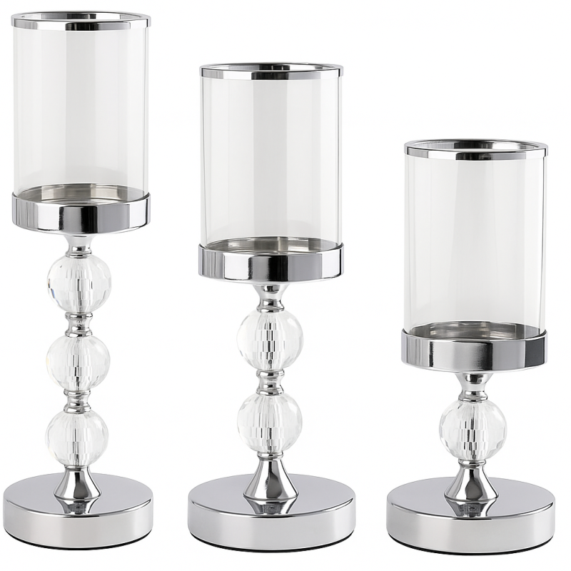 Zestaw 3 Świeczniki Kryształowe Szklane Chromowane Wykończenie