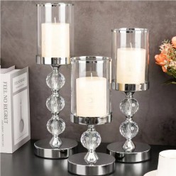 Zestaw 3 Świeczniki Kryształowe Szklane Chromowane Wykończenie