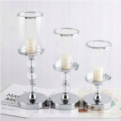 Zestaw 3 Świeczniki Kryształowe Szklane Chromowane Wykończenie