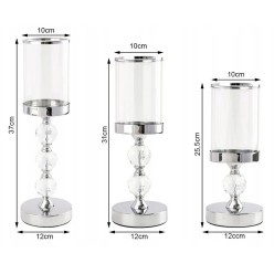 Zestaw 3 Świeczniki Kryształowe Szklane Chromowane Wykończenie