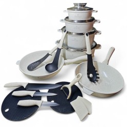 Zestaw Garnków 21 Elementów Marmurkowe Białe z Patelnie z Pokrywkami Akcesoria