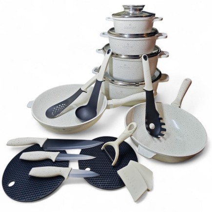 Zestaw Garnków 21 Elementów Marmurkowe Białe z Patelnie z Pokrywkami Akcesoria