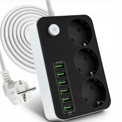 Przedłużacz Listwa Zasilająca 3x230V 6xUSB z Przyciskiem Zasilającym