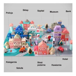 Drewniane Klocki Duże Miasto Zestaw Edukacyjny z Matą 115el