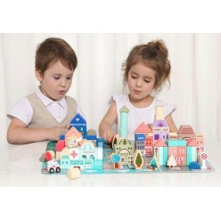 Drewniane Klocki Duże Miasto Zestaw Edukacyjny z Matą 115el