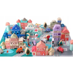 Drewniane Klocki Duże Miasto Zestaw Edukacyjny z Matą 115el