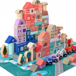 Drewniane Klocki Duże Miasto Zestaw Edukacyjny z Matą 115el