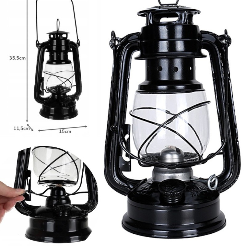 Klasyczna Lampa Naftowa Czarna 24cm Retro z Regulacją