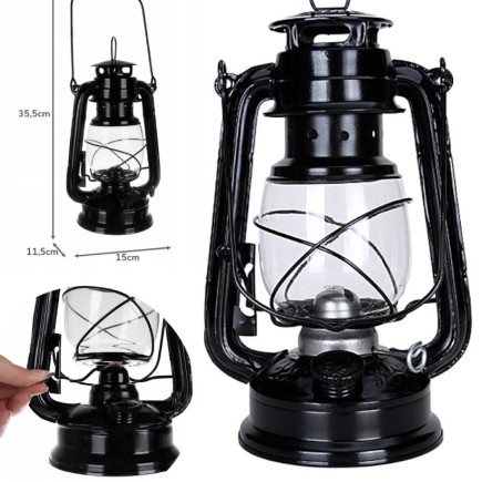 Klasyczna Lampa Naftowa Czarna 24cm Retro z Regulacją