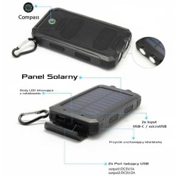 Powerbank Solarny 20000 mAh Latarka i Kompas 2xUSB USB-C MicroUSB