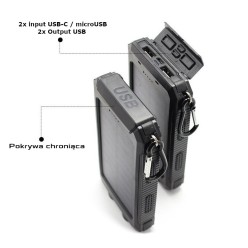 Powerbank Solarny 20000 mAh Latarka i Kompas 2xUSB USB-C MicroUSB