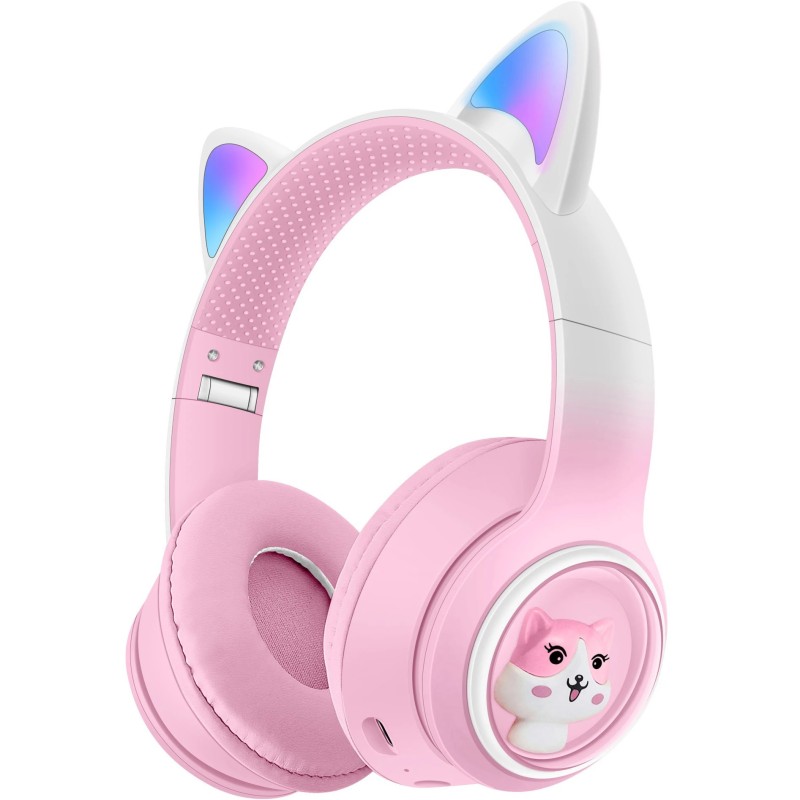 Słuchawki Kocie Uszy z Mikrofonem i Radiem FM Bluetooth Różowe Świecące
