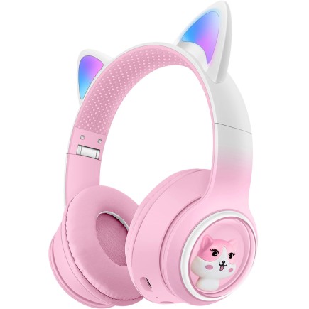 Słuchawki Kocie Uszy z Mikrofonem i Radiem FM Bluetooth Różowe Świecące