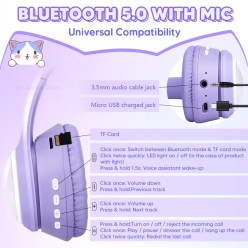 Słuchawki Kocie Uszy z Mikrofonem i Radiem FM Bluetooth Czarne Świecące