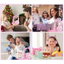 Słuchawki Kocie Uszy z Mikrofonem i Radiem FM Bluetooth Różowe Świecące