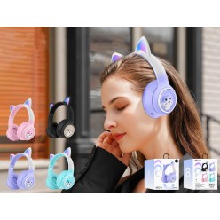 Słuchawki Kocie Uszy z Mikrofonem i Radiem FM Bluetooth Różowe Świecące