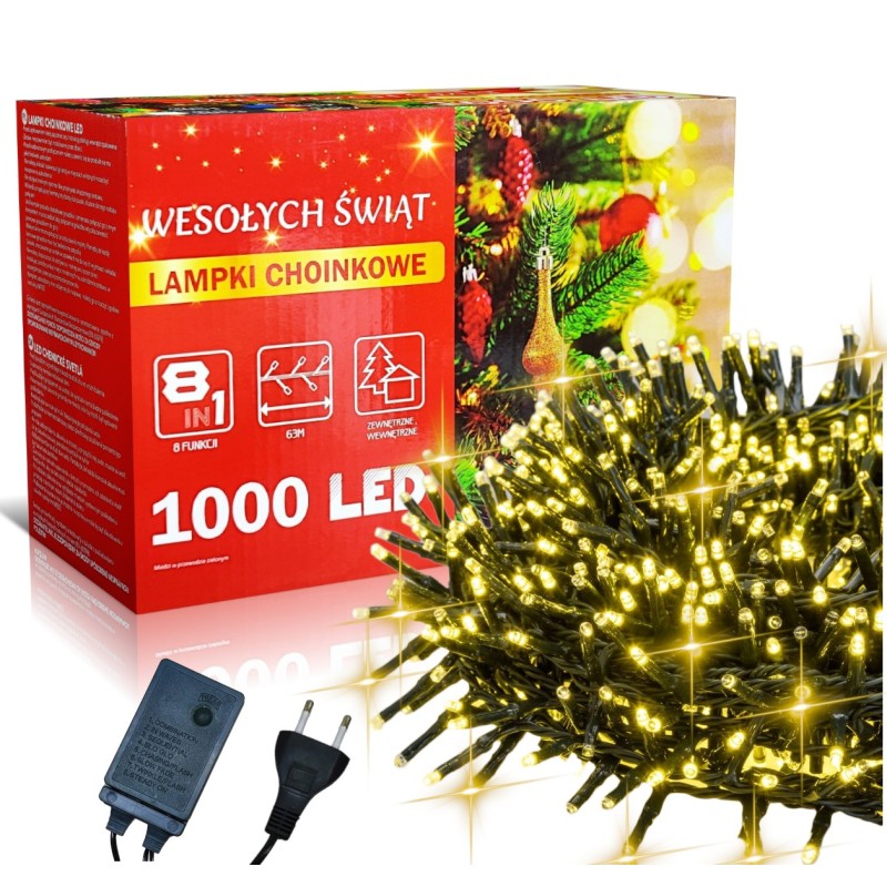 Świąteczne Lampki Choinkowe Ciepłe 1000 LED 8 Funkcji